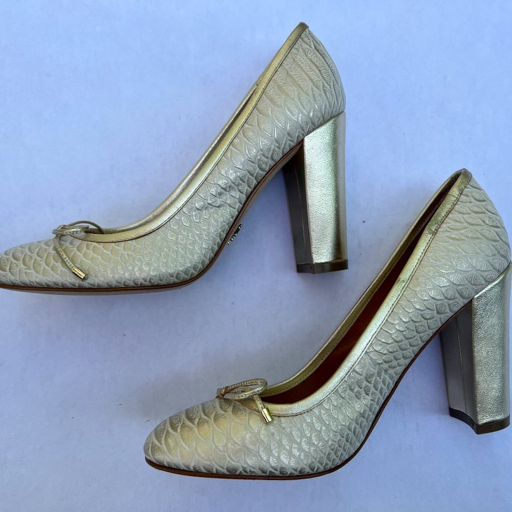 Gold and White Snake Print Block Heels